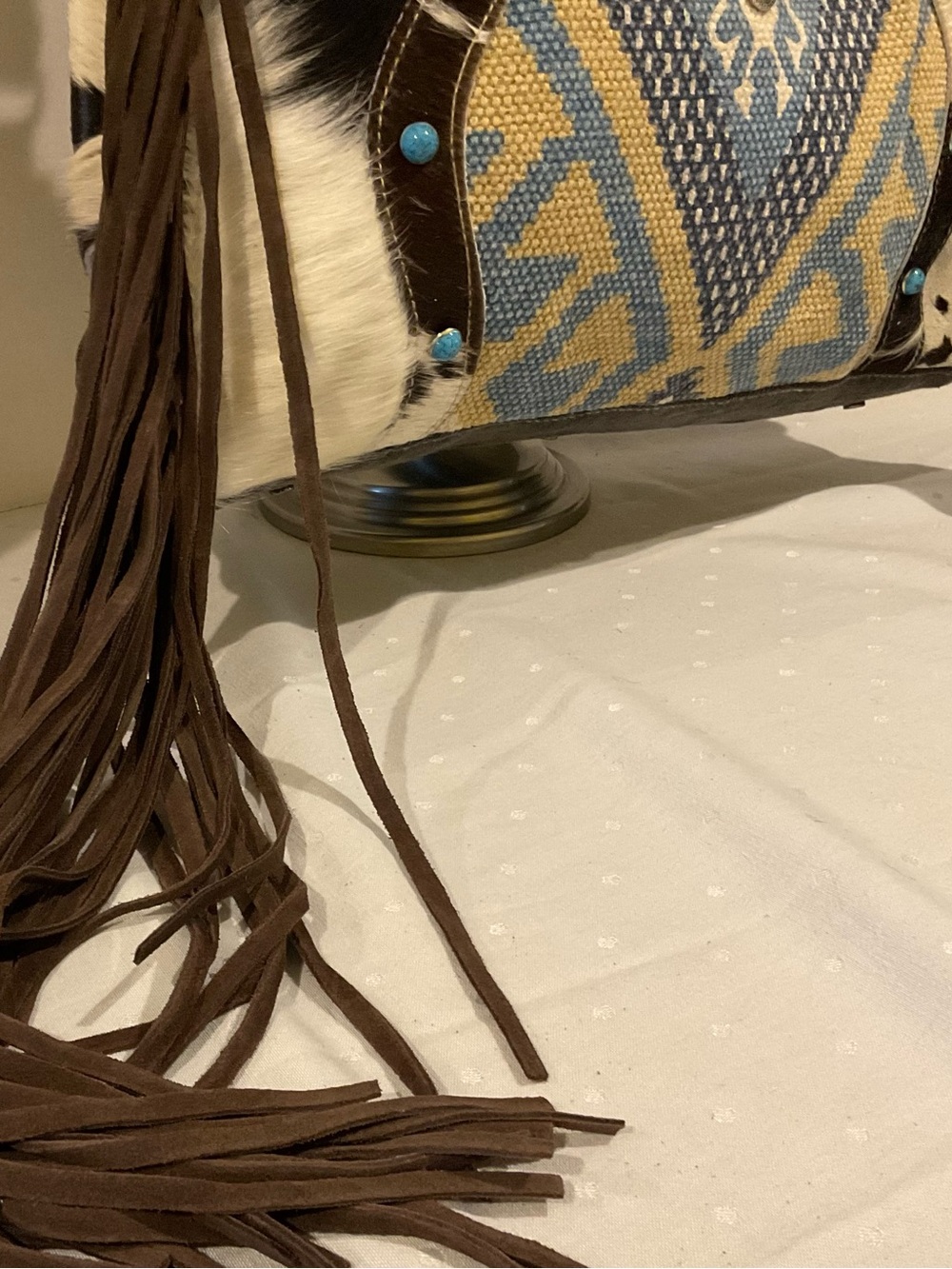 MYRA NEEDLEPOINT HANDBAG, LEATHER & HAIR CALF MATCHING GUITAR / SHOULDER STRAP - Picture 8 of 15